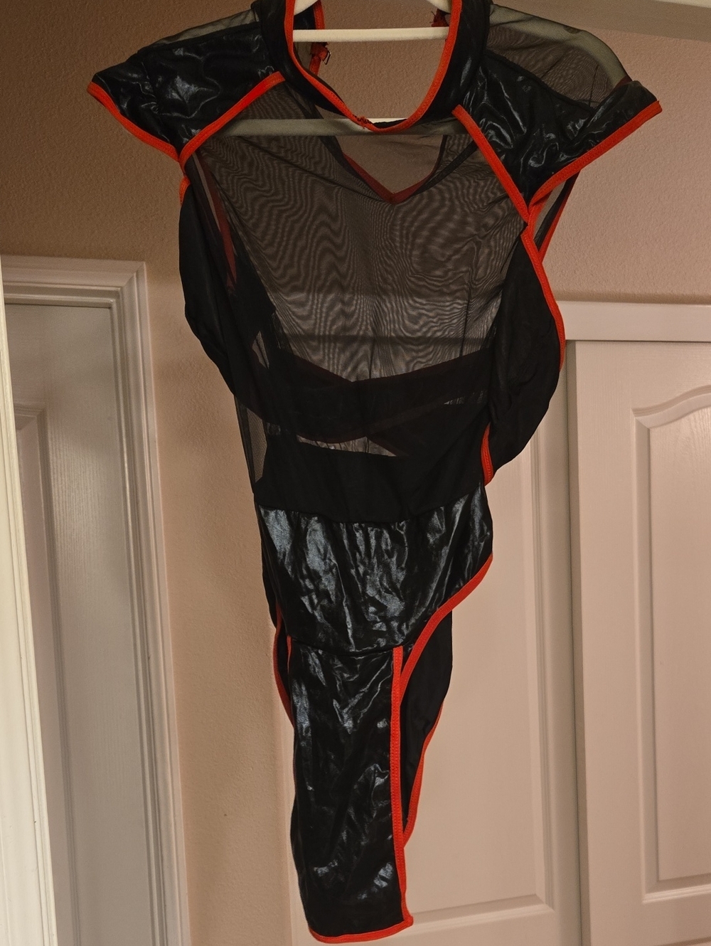 Sheer Black Mesh Bodysuit with Red Trim - Women Intimates Never Worn